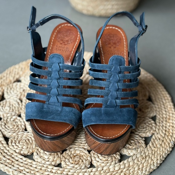 Vince Camuto Onia Slingback Gradient Wood Blue Suede Platform Wedge Sandals - Picture 2 of 8
